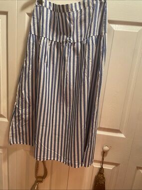 Blue and White Striped A-Line Midi Skirt